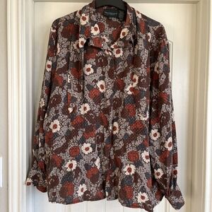 Harve Bernard Button Up Shirt Womens 20W Brown Floral Silk Bow 70s Boho Top